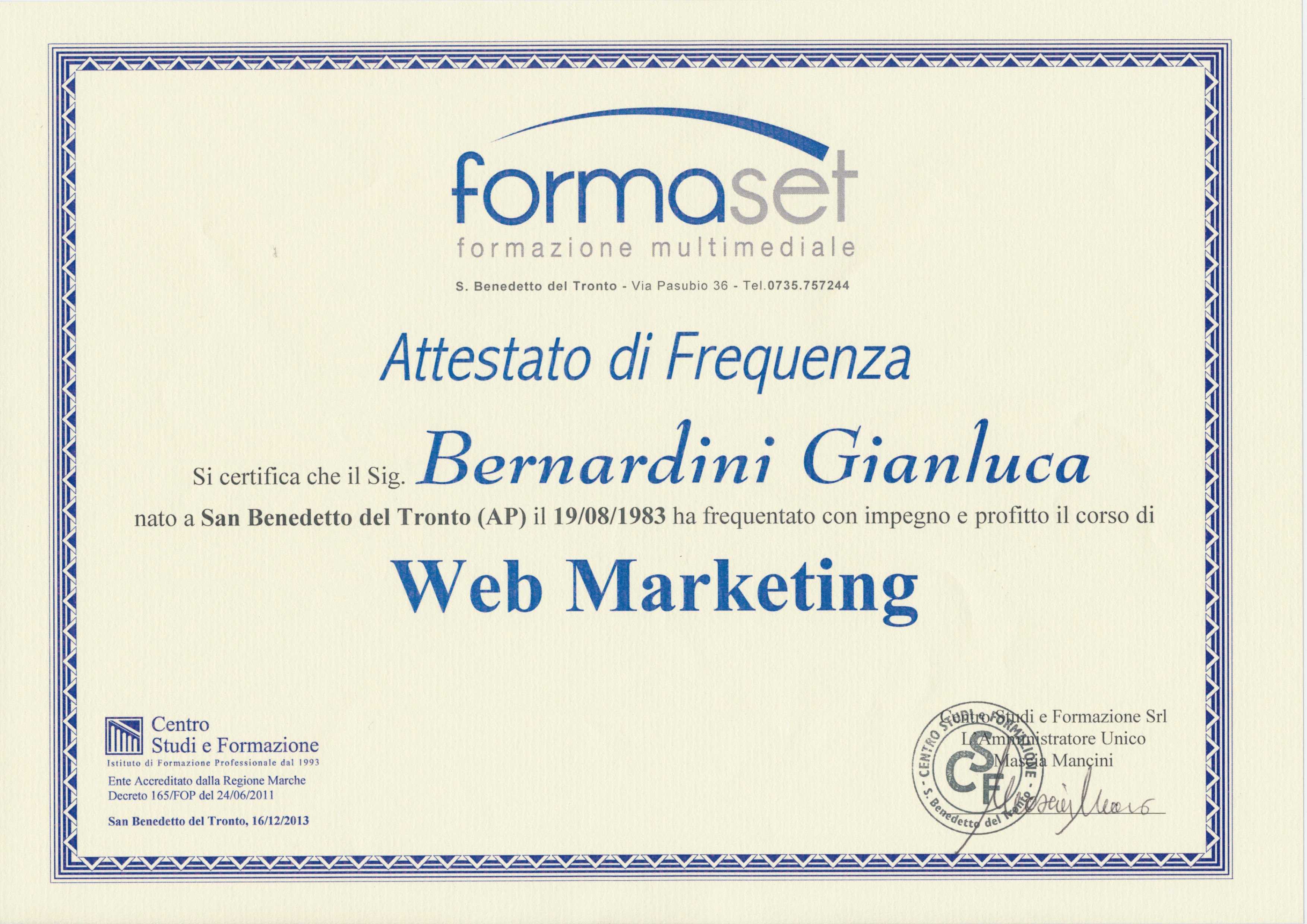 Attestato FormaSet 2013